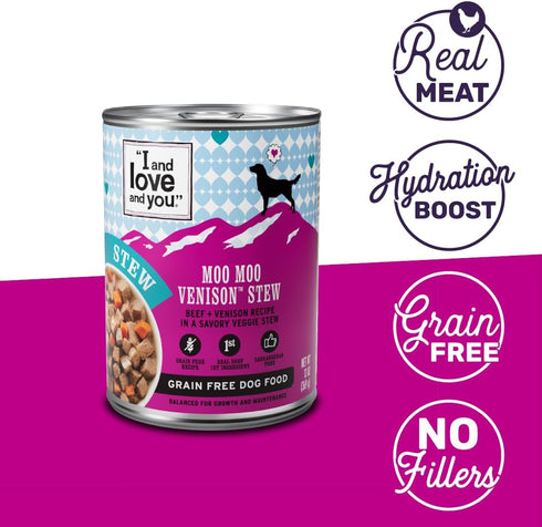 I AND LOVE AND YOU Wet Dog Food, Moo Moo Venison Stew, Beef + Venison Recipe, Grain Free, 13oz Can, 12pk