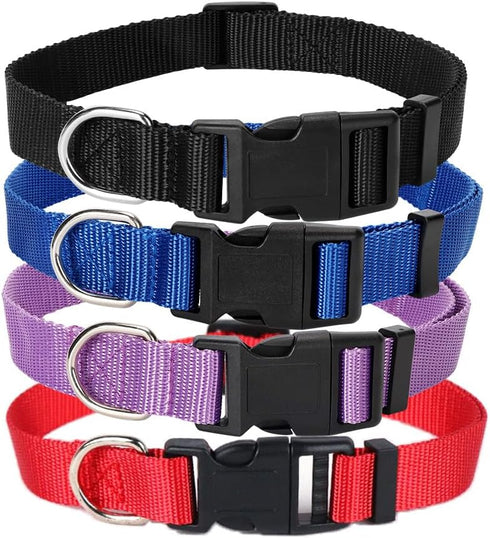 4 Pack Adjustable Nylon Dog Collars for Small, Medium, Large Dogs, Classic Colors (Black, Blue, Red, Purple)