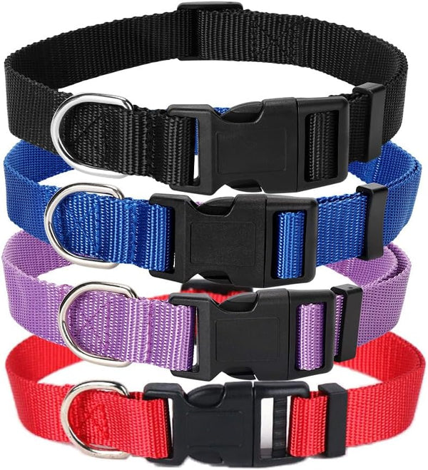 4 Pack Adjustable Nylon Dog Collars for Small, Medium, Large Dogs, Classic Colors (Black, Blue, Red, Purple)