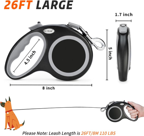 Heavy Duty Retractable Dog Leash 26 FT for Dogs up to 110lbs, Strong Nylon Tape, One-Handed Brake, Perfect for Medium