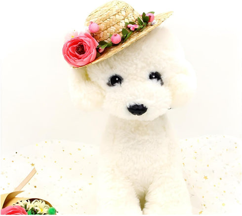 NACOCO Cat Hat Sunflower Straw Hat, Handcrafted Rose Sun Cap Accessories for Small Dogs and Cats (M, Pink)