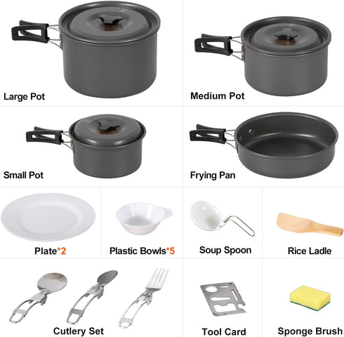 REDCAMP Camping Cookware Mess Kit, 11/12/17/22 PCS, 800ml Backpacking Pot and Pan Set