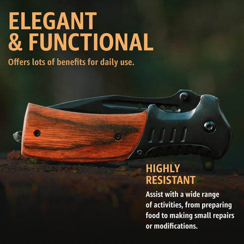 Spring Assisted Tactical Pocket Knife, 3.66" Sharp Blade with Wood Handle, Glass Breaker & Clip for EDC Camping