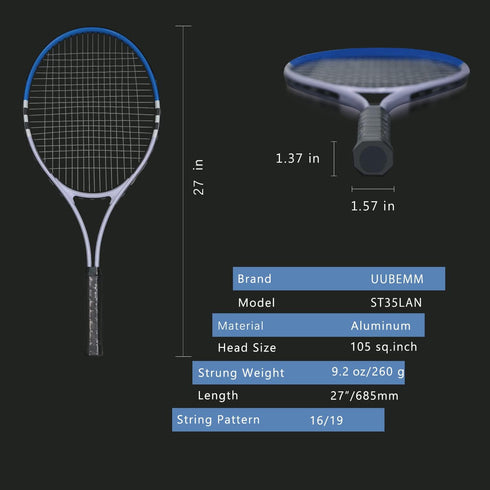 Pre-Strung Lightweight 27 Inch Tennis Racket Set for Adults, Men, Women, Students with Balls, Carry Bag, Overgrips