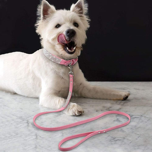 Cute Dazzling Sparkling Soft Suede Leather Bling Rhinestone Pet Collar and Leash Combo Set (XS, Pink)