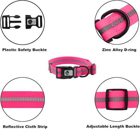 NIMBLE Waterproof Dog Collar Anti-Odor Durable Adjustable Polyester with Reflective Cloth Stripe (Large, Pink)