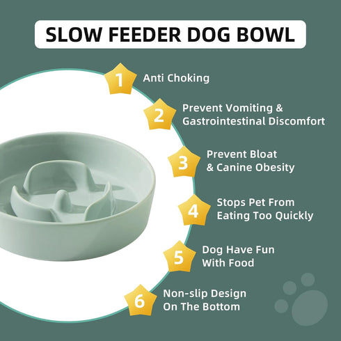 Ceramic Slow Feeder Dog Bowl - Light Green, 6inch, Slow Dog Food and Water Bowl, Prevents Bloat and Choking