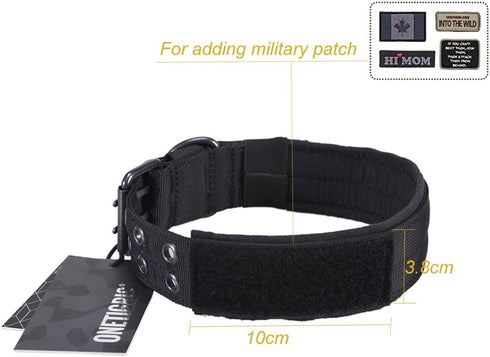 OneTigris Military Adjustable Dog Collar, Metal D Ring & Buckle, 2 Sizes, Black, M