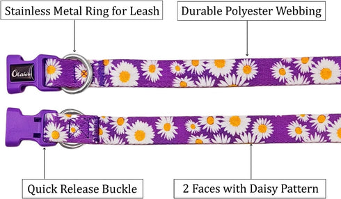 Dog Collar and Leash Set with Cute Daisy Pattern, Polyester Material, 5ft Leash for Small Dogs (Small, Purple Daisy)