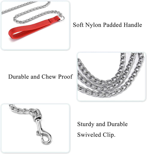 Chain Leash Metal Dog Leash - Chrome Plated with Soft Padded Handle for Small Dogs (S, Red Handle)