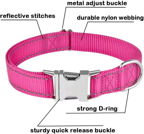 Reflective Dog Collar with Metal Buckle, Adjustable Safety Nylon for Small Medium Large Dogs, ID Tag Ring Included
