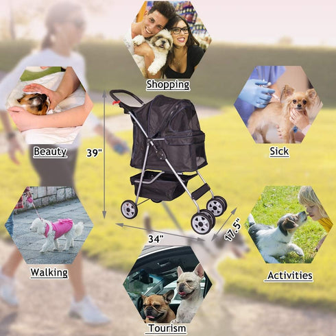 Dkeli 4 Wheel Pet Stroller Cat Dog Cage Stroller Travel Folding Carrier with Cup Holder and Removable Lining for Small