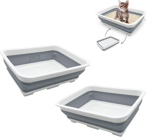 Fhiny 2PCS Open Cat Litter Box, Kitten Potty Pan Semi-Enclosed Foldable Waterproof