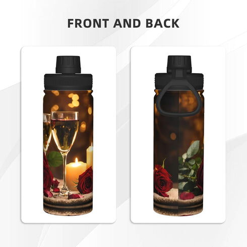 HDSKFNS 18 Oz Red Rose And Wine Romantic Lovers Print Insulated Water Bottle Stainless Steel Sport Bottles For Gym