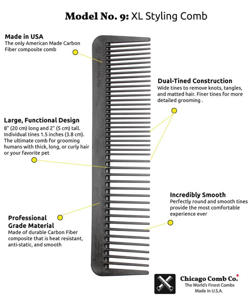Chicago Comb No. 9 Pet, XL Carbon Fiber Comb for Man or Beast, Made in USA
