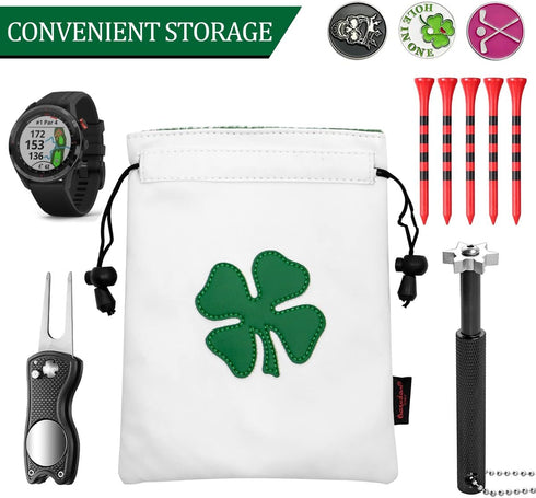 Golf Valuables Pouch Bag with Drawstrings, Leather Golf Tee Pouch for Men and Women