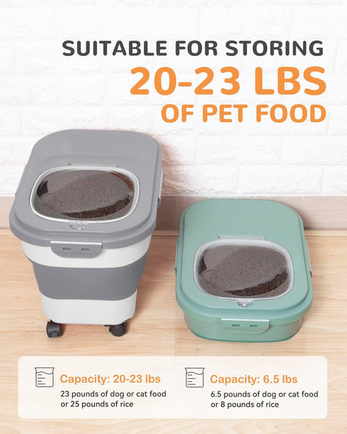 20-23Lbs Collapsible Dog Food Storage Container with Casters and Scoop, Travel Silicone Bowl - Keeps Dry Food Fresh