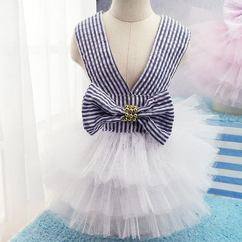 Fashion Pet Dog Dresses, Striped Mesh Puppy Clothes (Blue, X-Small)