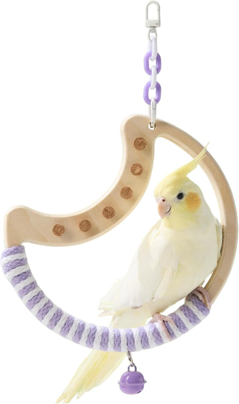 Natural Bird Swing - Moon-Shaped Parrot Perch with Bell and Cork Toys,