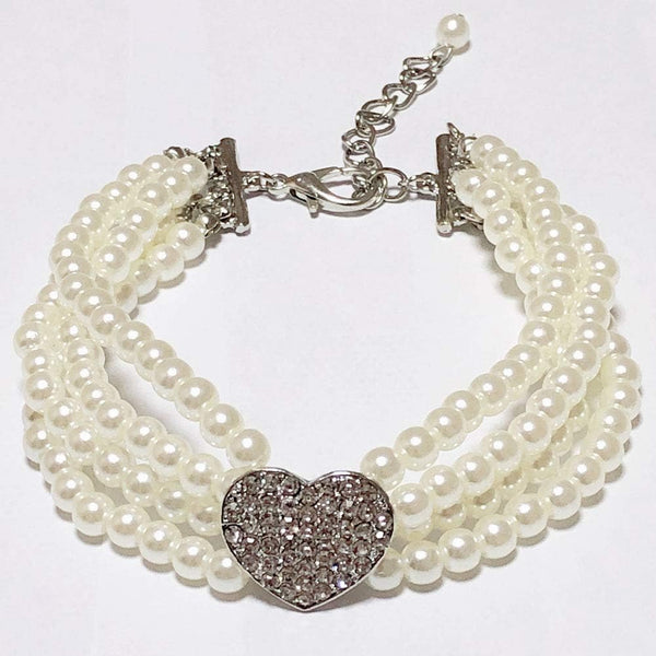 Dog Pearls Necklace Jewelry - Bling Dog Wedding Collar for Small Dogs with Rhinestone Heart Charm, White Heart