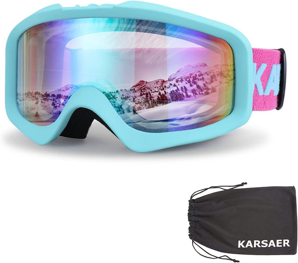 Karsaer Anti-Fog Ski Goggles, 100% UV Protection Snowboard Goggles, Bendable Dual-Lenses for Men Women Youth