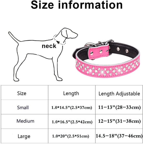 Rhinestones Dog Collar, Adjustable Sparkly Crystal Studded Genuine Leather Pet Dog Collar for Small and Medium Breeds (M fit Neck 12-15", Hot Pink)