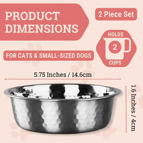 2pcs Stainless Steel Dog Bowls: Hammered Thickened Metal Feeding or Water Bowls for Small/Medium/Large Dogs & Cats