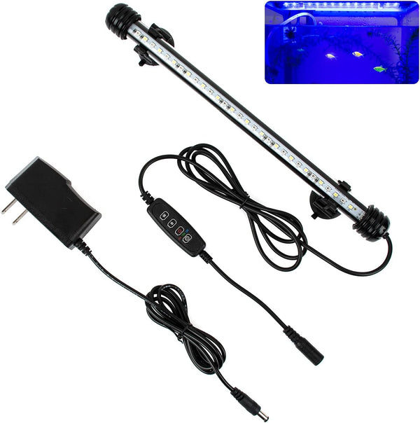 iKefe 11" White & Blue Submersible LED Aquarium Fish Tank Light with Timer, Dimmable for Saltwater and Freshwater