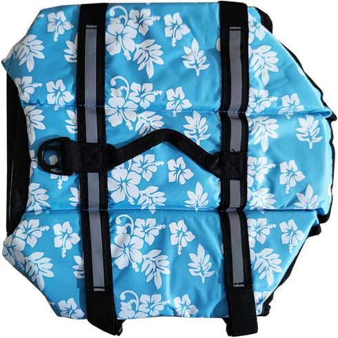 Dog Life Jacket Easy-Fit Adjustable Belt, Pet Swimming Safety Swimsuit with Reflective Stripes (XS, Flowers & Blue)