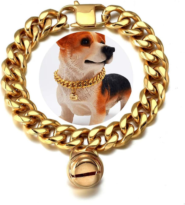 18K Gold Cat Dog Collar, 0.6inch 15mm Wide Stainless Steel Kitten Choker with Bell, Dog Neck 12"-14"