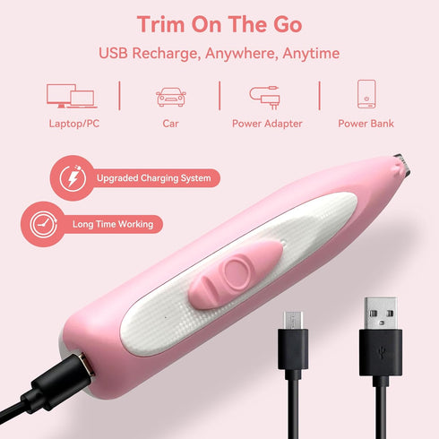 Dog Paw Trimmer, Portable Pink Clippers with LED Lights, Low Noise Rechargeable Cordless Grooming Hair Removal