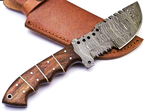 Rare Custom Blood Grooved Damascus Tracker Survival Knife with Full Tang Handle and Genuine Leather Sheath (TR-80)