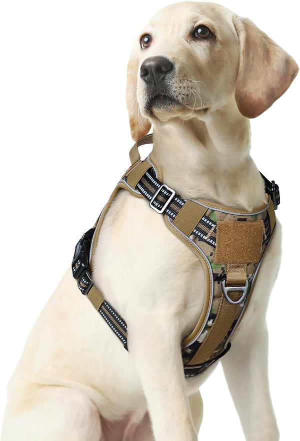 rabbitgoo Medium No Pull Dog Harness - Tactical Service Vest with Molle, Adjustable, Brown Camo