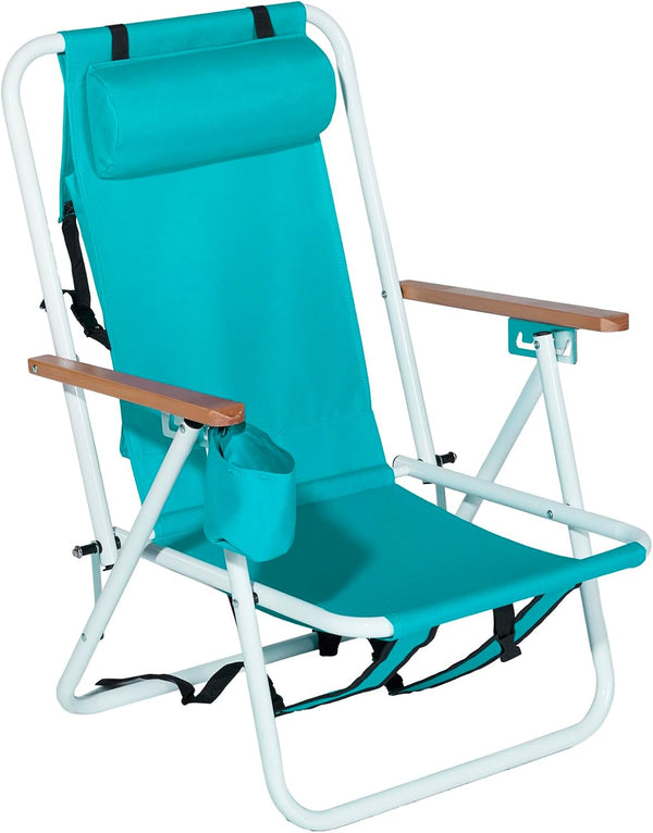 Pinikuyiro Folding Beach Chair, 4 Position Portable Backpack Foldable Camping Chair with Headrest,