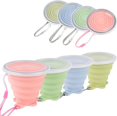 JBER Silicone Collapsible Travel Cup, 4 Pack Expandable Drinking Cup with Lids for Outdoor Hiking Travel (Olive & Pink