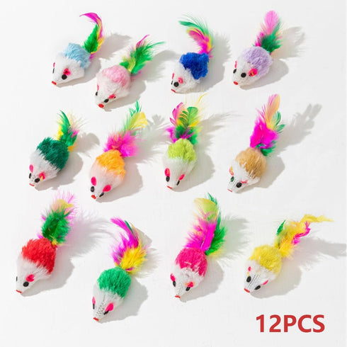 pawstrip 12 Pcs Cat Mouse Toys - Rattle Mice for Indoor Cats, Interactive Play Squeaky Fur Mice with Rattling Sounds