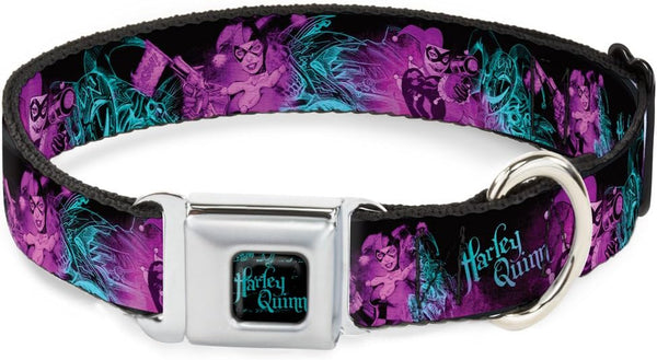 Dog Collar Seatbelt Buckle Harley Quinn Pow Aiming Poses Joker Black Turquoise Fuchsia 15 to 26 Inches