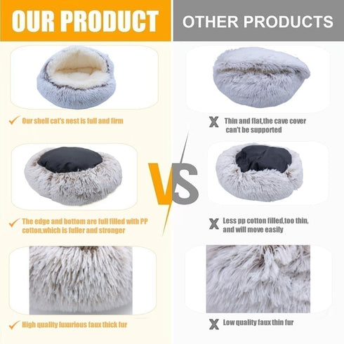Calming Round Dog Beds & Cat Cave Bed, Plush Fluffy Anti-Anxiety Bed with Hooded Cover, Washable (Coffee, 20x20inch)
