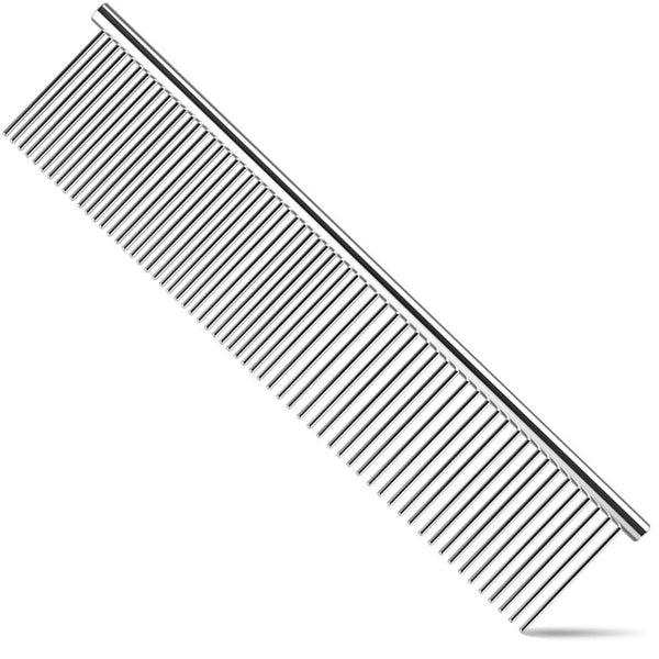 Stainless Steel Pet Shedding Comb - Grooming Comb with Different Spaced Rounded Teeth, Wide Trimmer Comb (Silver)