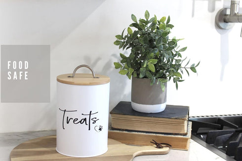 White Dog and Cat Treat Container with Easy to Open Bamboo Lid, 98 oz Pet Treat Storage Container