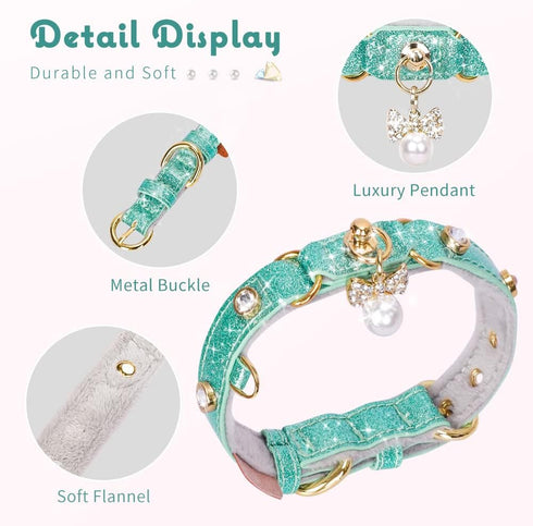 PetsHome Adjustable Cat Dog Collar, Bling Rhinestones PU Leather with Luxury Pendant, Extra Small Mint Green