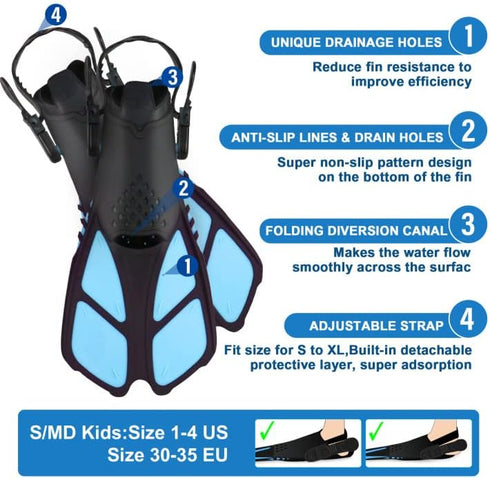 Kids Snorkeling Set with Adjustable Flippers, Panoramic Snorkel Mask, Dry Snorkel Tube, Travel Bags for Ages 5-14