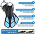 Kids Snorkeling Set with Adjustable Flippers, Panoramic Snorkel Mask, Dry Snorkel Tube, Travel Bags for Ages 5-14