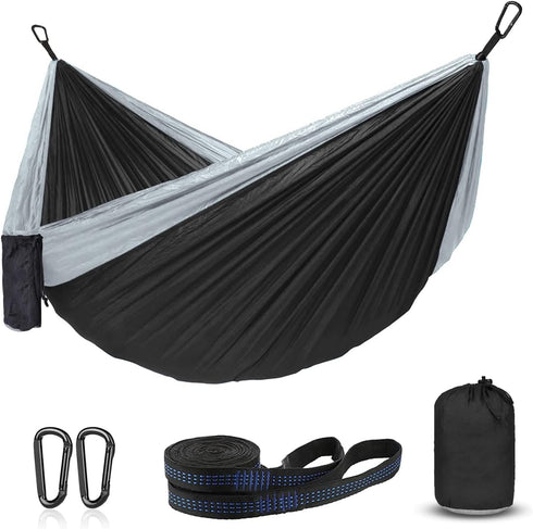 Hammock Camping, Portable Single/Double Hammocks for Outdoor Hiking, 210D Nylon Hammock Swing (Black/Gray)