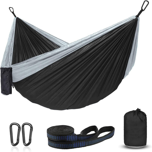 Hammock Camping, Portable Single/Double Hammocks for Outdoor Hiking, 210D Nylon Hammock Swing (Black/Gray)