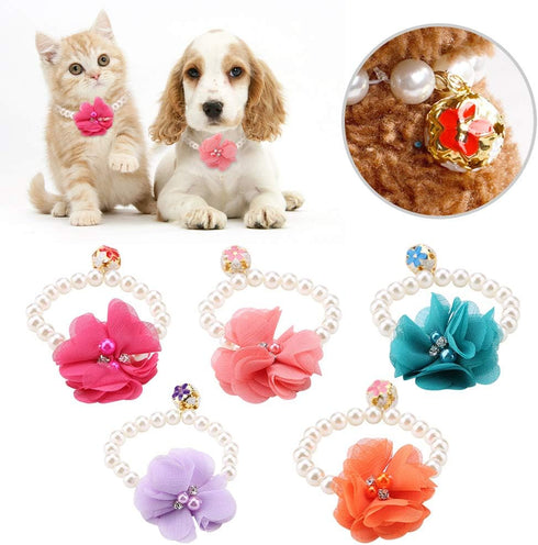 Pet Pearl Flower Collar, Elastic Cat Choker Necklace, Dog Cat Jewelry Accessory for Puppy (Rose Red)