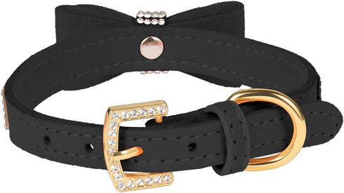 LOVPE Crystal Dog Collar - Velvet Leather with Bow-Knot Tie Rhinestone for Small Dogs & Cats (Black, S)