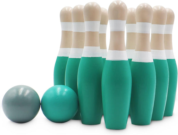 Sterling Sports Wooden Lawn Bowling Set with 9" Skittles, 10 Wooden Pins and 2 Balls, Carrying Mesh Bag,