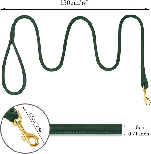 OOPSDOGGY 6ft Reflective Rolled Leather Dog Leash - Soft Lead for Small Medium Large Dogs, Heavy Duty Rope (Green,