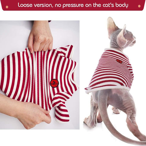 DENTRUN Hairless Cats Shirt, Breathable Daily Wear Clothes, Stripe Vest, Adorable Pajamas Jumpsuit